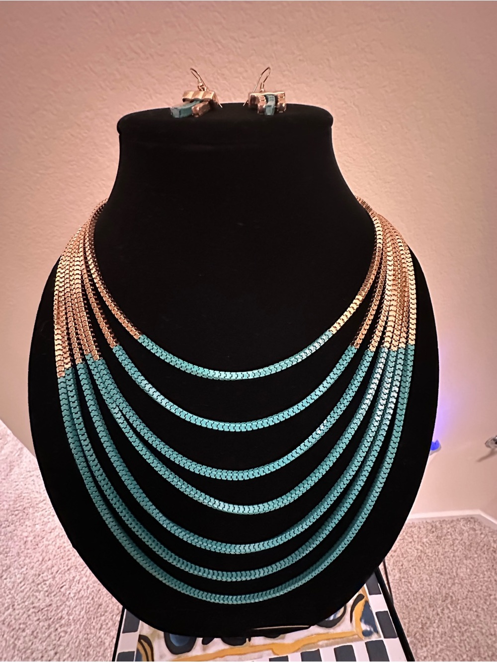 Gold and Teal Multi-Strand Statement Necklace and Earring Set